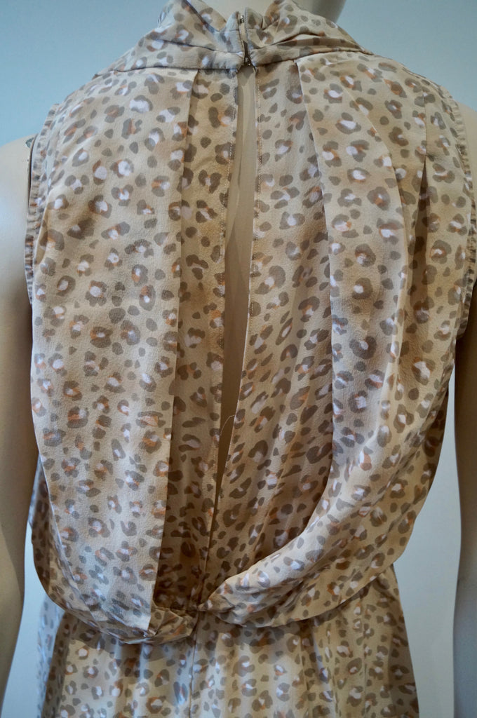 REBECCA TAYLOR Beige Silk Leopard Animal Print V Neck Sleeveless Dress 8 UK12