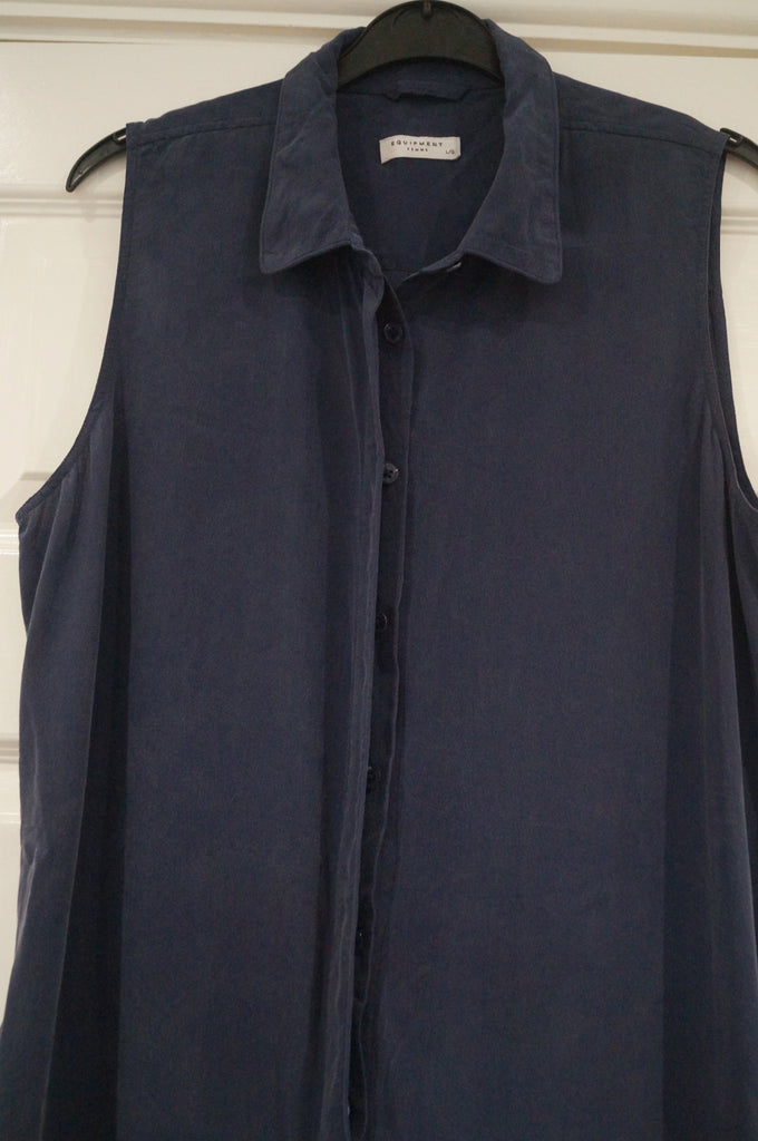 EQUIPMENT FEMME Navy Blue Silk Collared Button Front Sleeveless Romper Playsuit