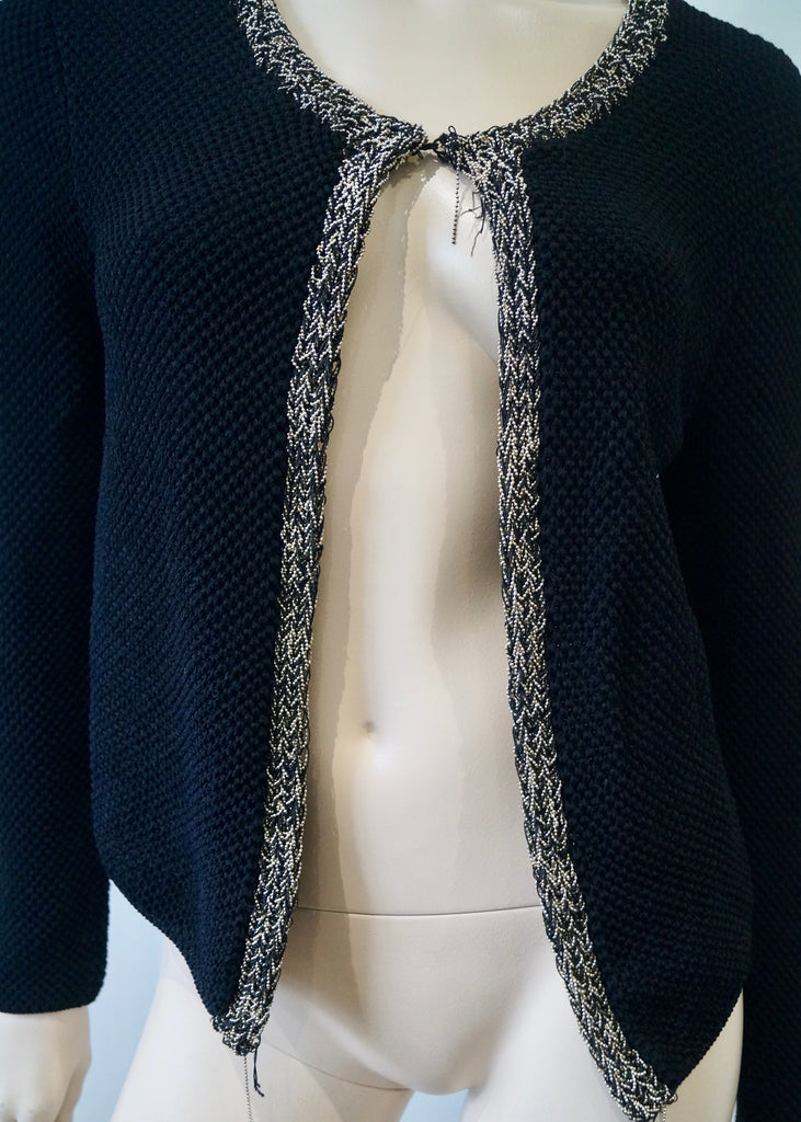 MAJE Women's Black Textured Knit Round Neck Beaded Trim Long Sleeve Cardigan 3/L