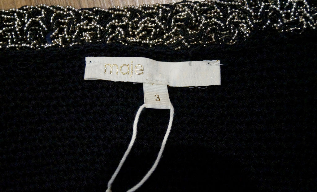 MAJE Women's Black Textured Knit Round Neck Beaded Trim Long Sleeve Cardigan 3/L