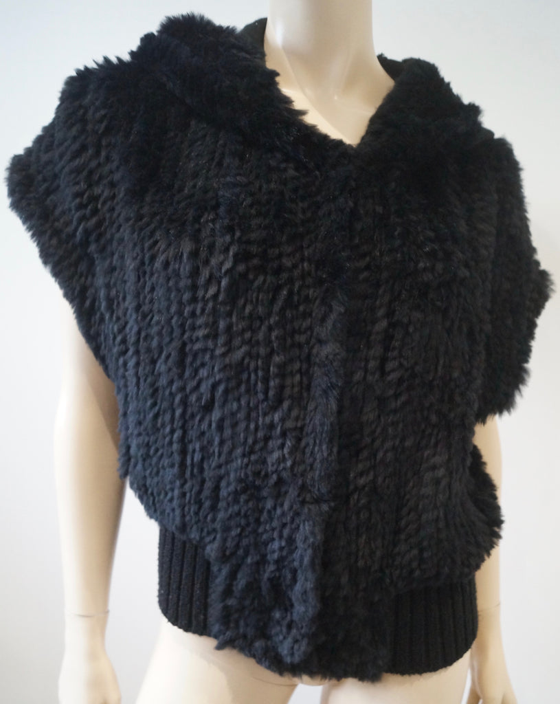 PINKO Women's Black Rabbit Fur Hooded Short Sleeve Hoodie Cardigan Top UK10