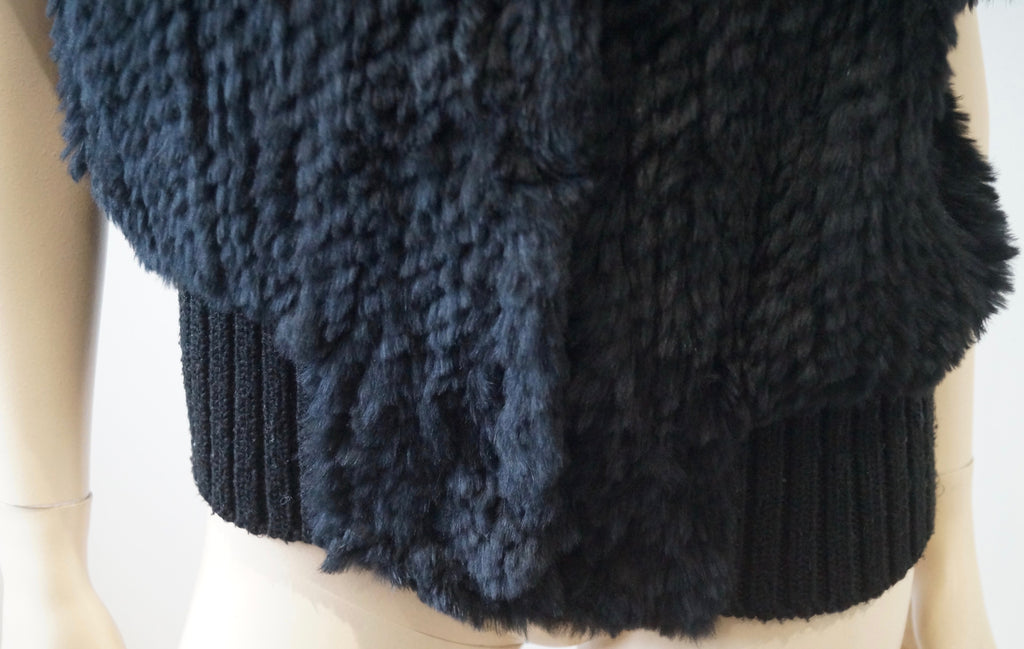 PINKO Women's Black Rabbit Fur Hooded Short Sleeve Hoodie Cardigan Top UK10