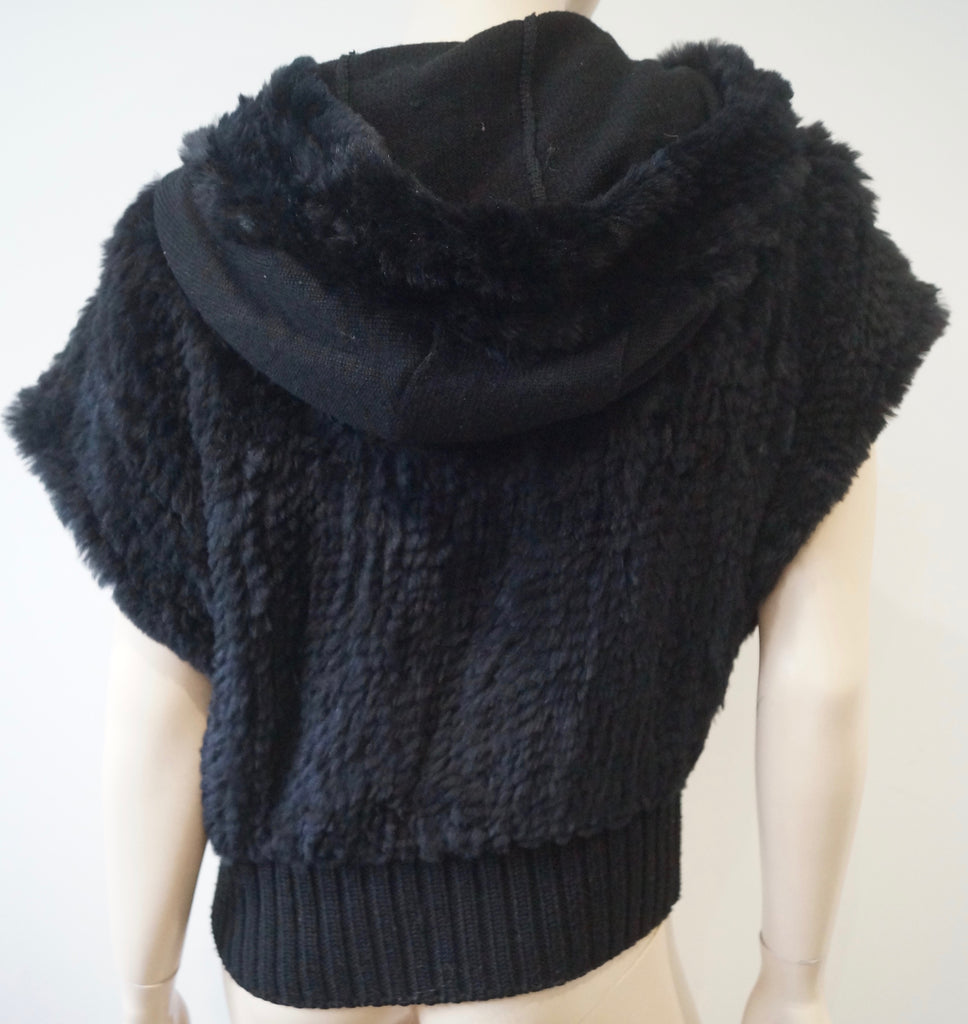 PINKO Women's Black Rabbit Fur Hooded Short Sleeve Hoodie Cardigan Top UK10