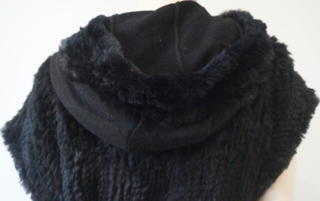 PINKO Women's Black Rabbit Fur Hooded Short Sleeve Hoodie Cardigan Top UK10
