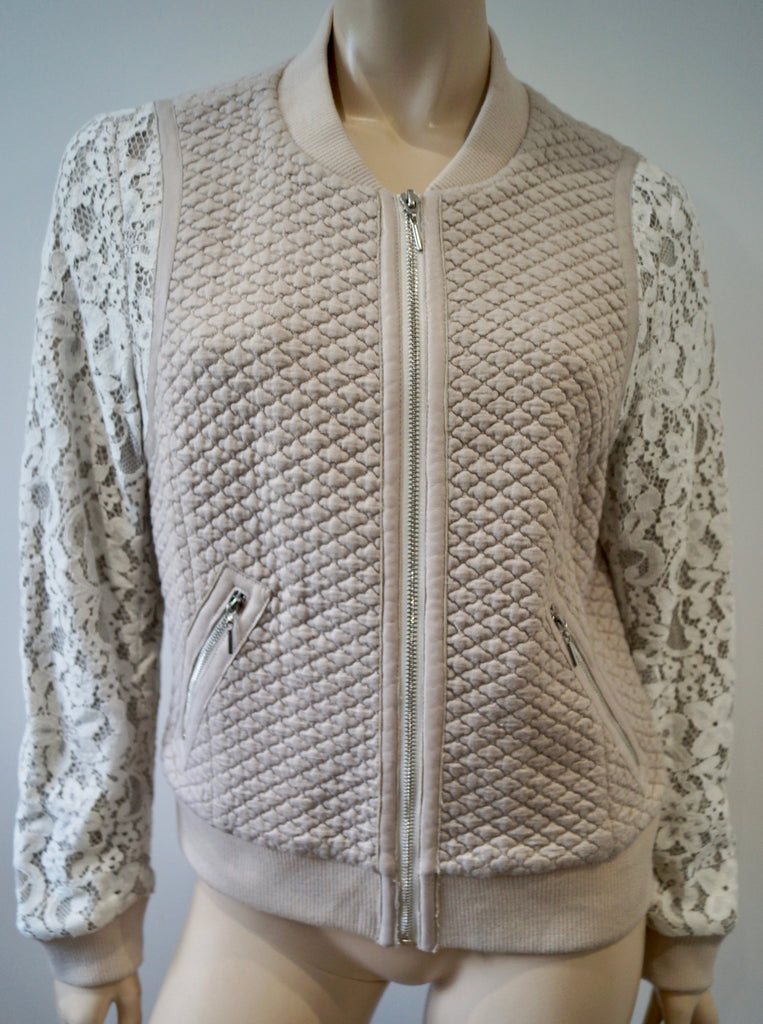 REBECCA TAYLOR Pale Pink Textured Fabric Body Cream Lace Sleeve Bomber Jacket M
