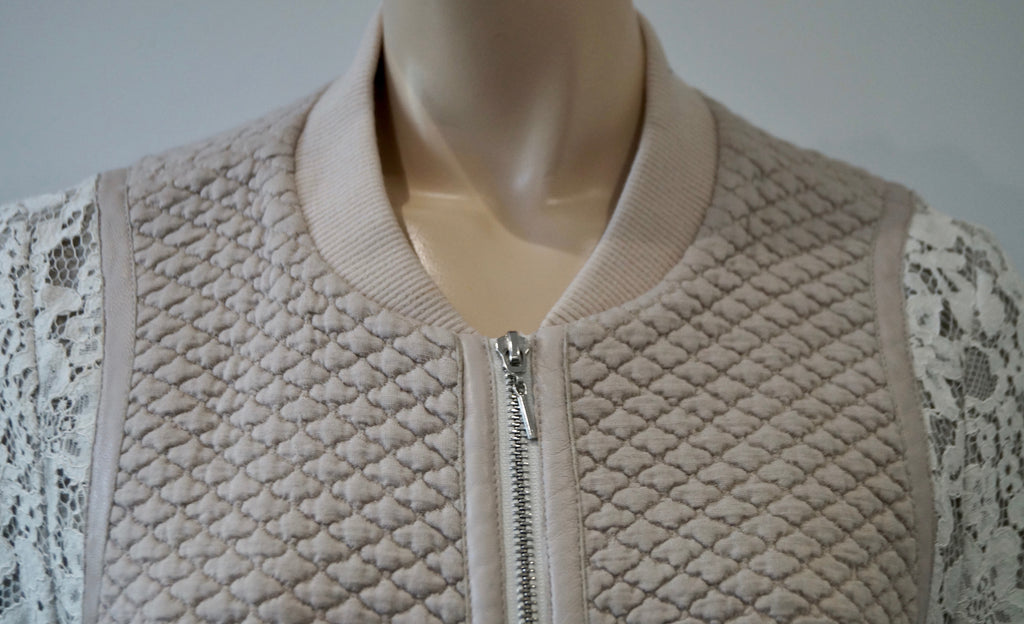 REBECCA TAYLOR Pale Pink Textured Fabric Body Cream Lace Sleeve Bomber Jacket M
