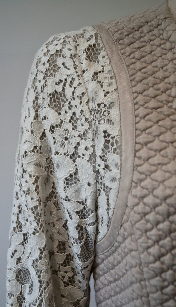 REBECCA TAYLOR Pale Pink Textured Fabric Body Cream Lace Sleeve Bomber Jacket M