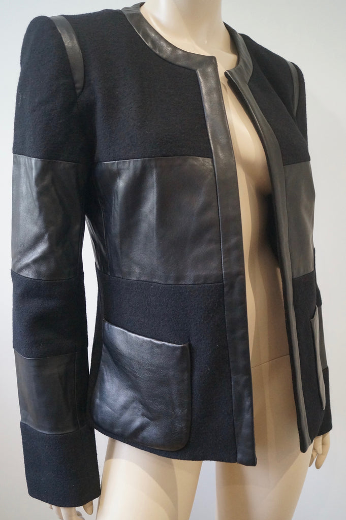 L'AGENCE Black Wool & Lamb Leather Open Front Panelled Blazer Jacket 6 UK10