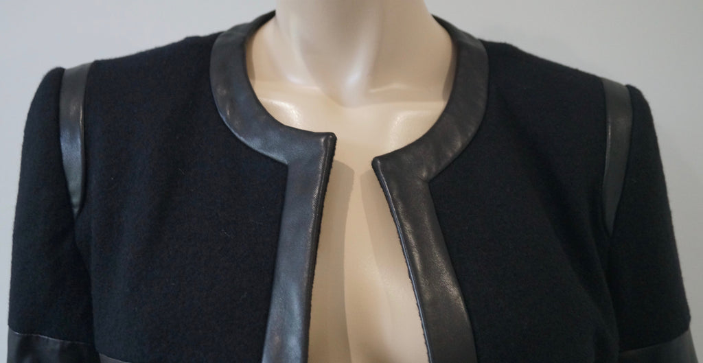L'AGENCE Black Wool & Lamb Leather Open Front Panelled Blazer Jacket 6 UK10