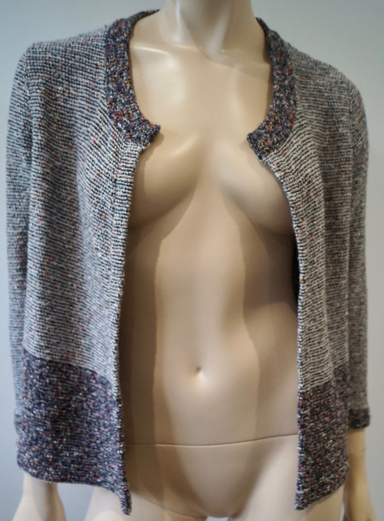 STEFAN GREEN Navy White Pink Cotton Blend Textured Knit Open Front Cardigan 3; L