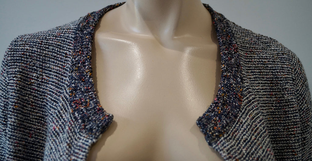 STEFAN GREEN Navy White Pink Cotton Blend Textured Knit Open Front Cardigan 3; L