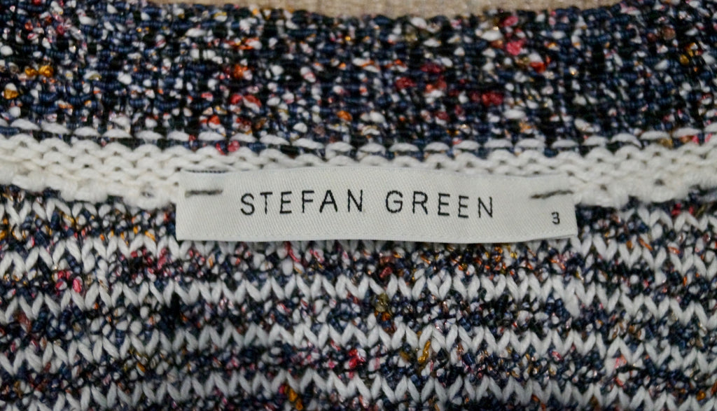 STEFAN GREEN Navy White Pink Cotton Blend Textured Knit Open Front Cardigan 3; L