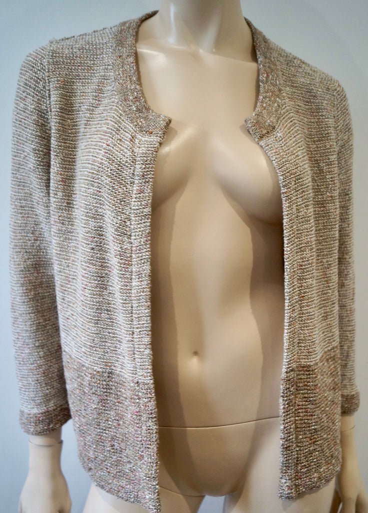 STEFAN GREEN Beige Cream Pink Cotton Blend Textured Knit Open Front Cardigan 3;