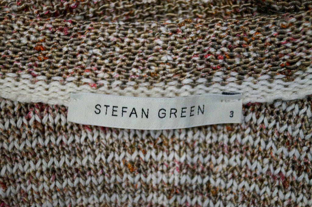 STEFAN GREEN Beige Cream Pink Cotton Blend Textured Knit Open Front Cardigan 3;