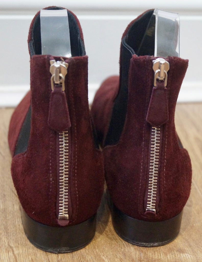 PRADA Women's Burgundy Suede Pointed Toe Zip Fastened Flat Ankle Boots EU39 UK6