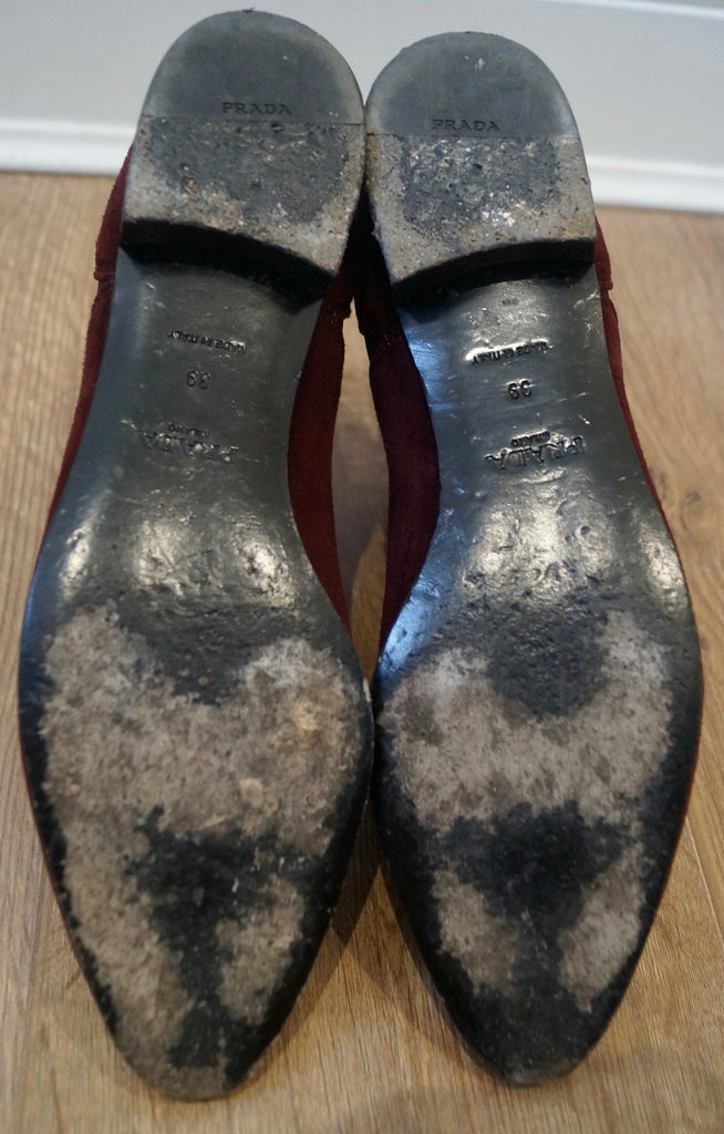 PRADA Women's Burgundy Suede Pointed Toe Zip Fastened Flat Ankle Boots EU39 UK6