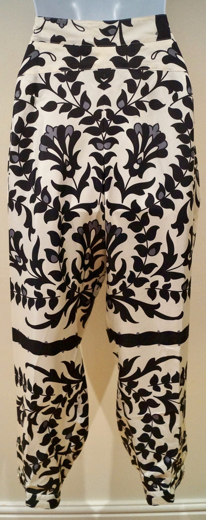 CHLOE Cream & Black Silk Floral Print High Rise Tapered Pleat Trousers Pants 42