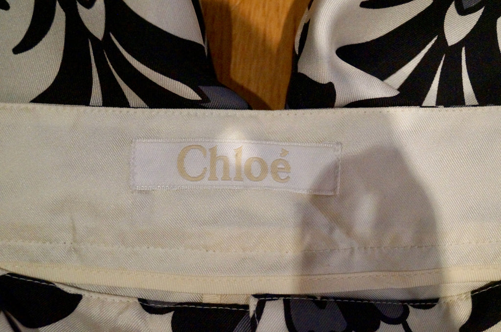 CHLOE Cream & Black Silk Floral Print High Rise Tapered Pleat Trousers Pants 42
