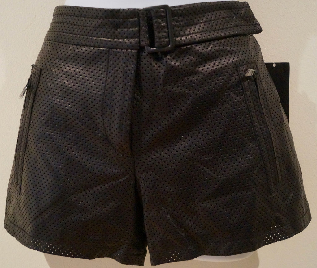 EDUN Designer Black Perforated Leather Buckle Waist Shorts US 2 /26 UK6 BNWT