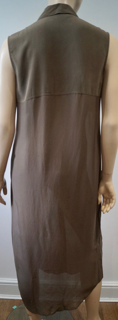 T ALEXANDER WANG Brown 100% Silk Collared Sleeveless Summer Midi Shirt Dress S
