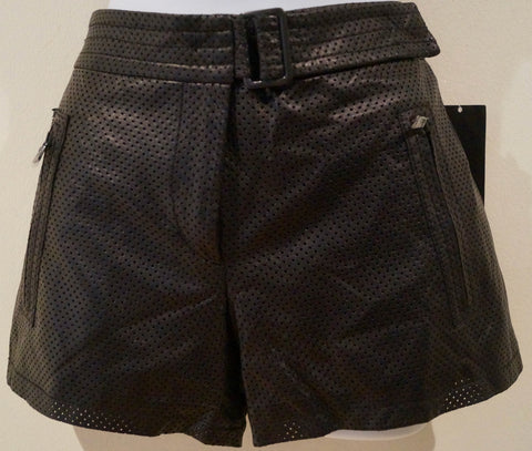 HELMUT LANG Charcoal Grey Black Crackle Leather Elastic Waist Shorts 4 UK8
