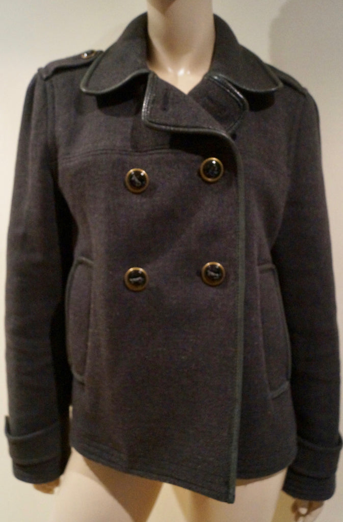 COACH LEATHERWARE Charcoal Grey Wool Blend Leather Trim Outdoor Blazer Jacket L