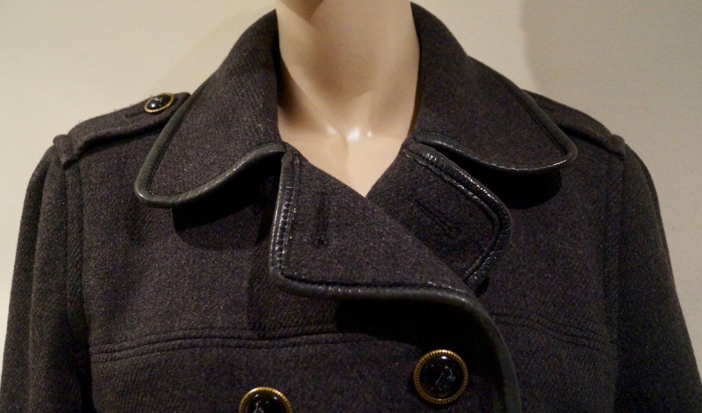 COACH LEATHERWARE Charcoal Grey Wool Blend Leather Trim Outdoor Blazer Jacket L