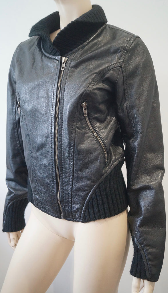 JOFAMA Women's Black Leather & Ribbed Fabric Collared Zipper Casual Jacket 38; M