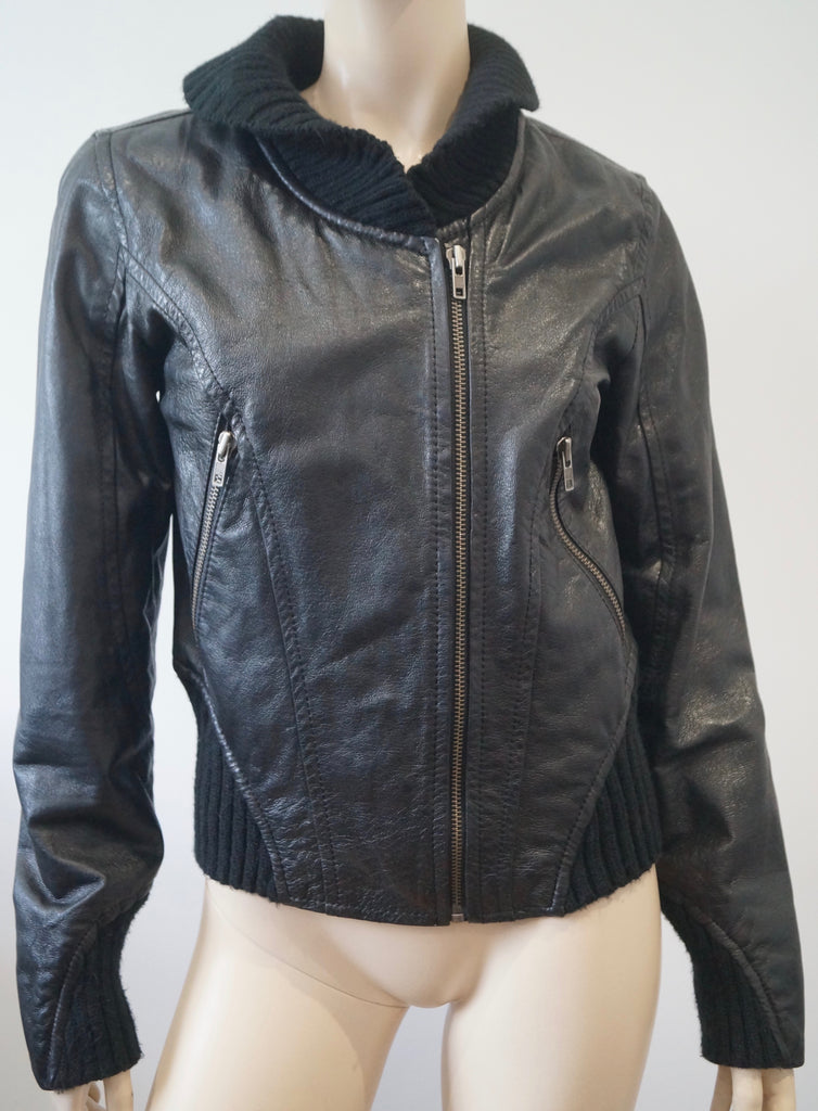 JOFAMA Women's Black Leather & Ribbed Fabric Collared Zipper Casual Jacket 38; M