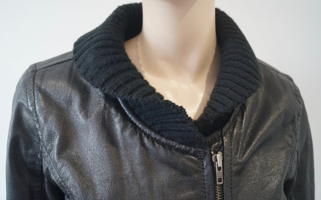 JOFAMA Women's Black Leather & Ribbed Fabric Collared Zipper Casual Jacket 38; M