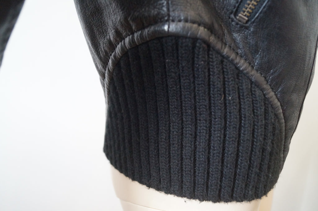 JOFAMA Women's Black Leather & Ribbed Fabric Collared Zipper Casual Jacket 38; M