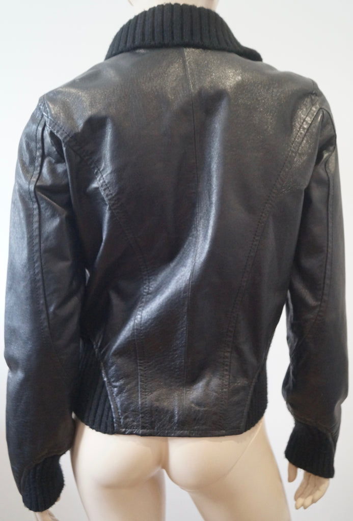 JOFAMA Women's Black Leather & Ribbed Fabric Collared Zipper Casual Jacket 38; M