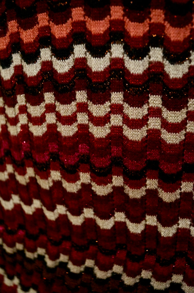 MISSONI LINDEX Burgundy Cream Pink Metallic Thread Short Sleeve Ribbed Dress S