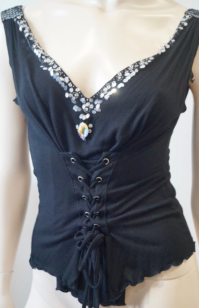 JORANDO Black Plunge V Neckline Silver Sequin Sleeveless Tie Waist Evening Top M