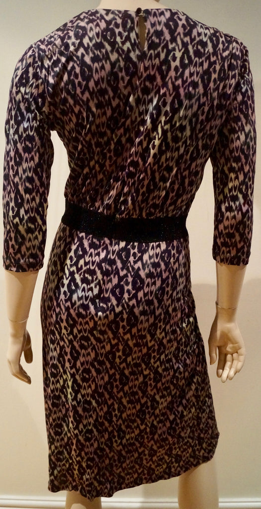 SALONI Black Brown Silk Geometric Animal Print Elastic Waist Formal Dress UK12