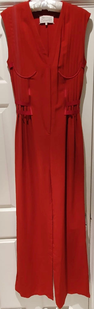 MAISON MARGIELA Red Wool Blend Corset Detail Sleeveless Wide Leg Jumpsuit 40/8