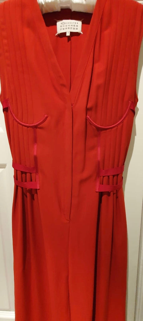MAISON MARGIELA Red Wool Blend Corset Detail Sleeveless Wide Leg Jumpsuit 40/8