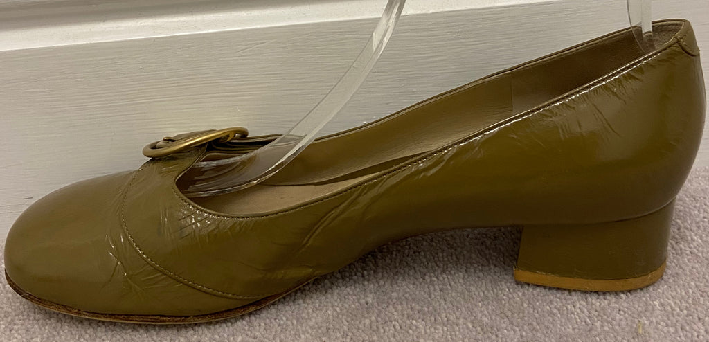 CHLOE Green Shined Leather Square Toe Gold Tone Detail Block Heel Shoes EU39 UK6