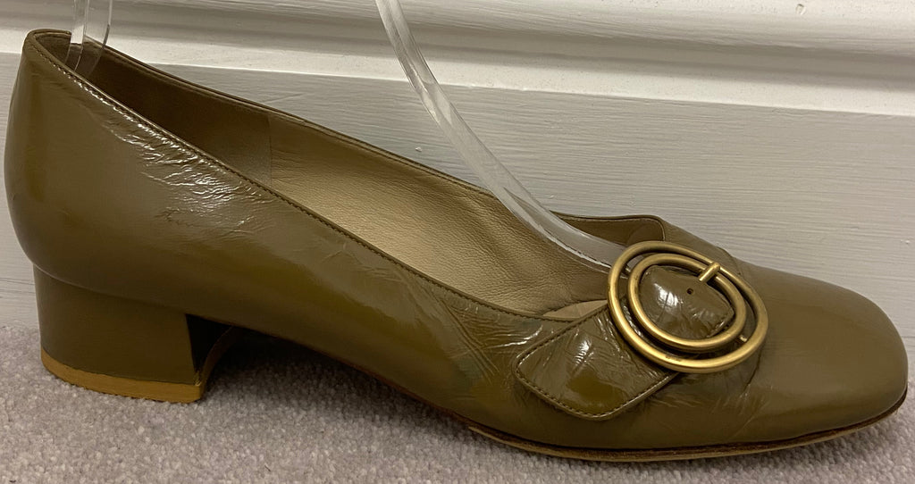 CHLOE Green Shined Leather Square Toe Gold Tone Detail Block Heel Shoes EU39 UK6