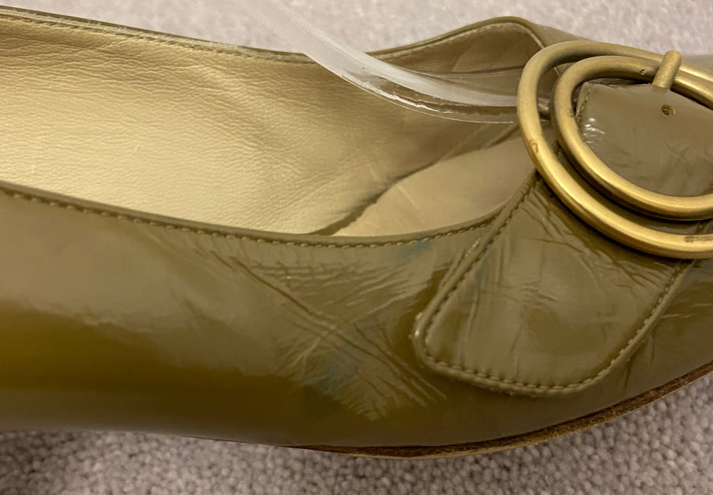 CHLOE Green Shined Leather Square Toe Gold Tone Detail Block Heel Shoes EU39 UK6