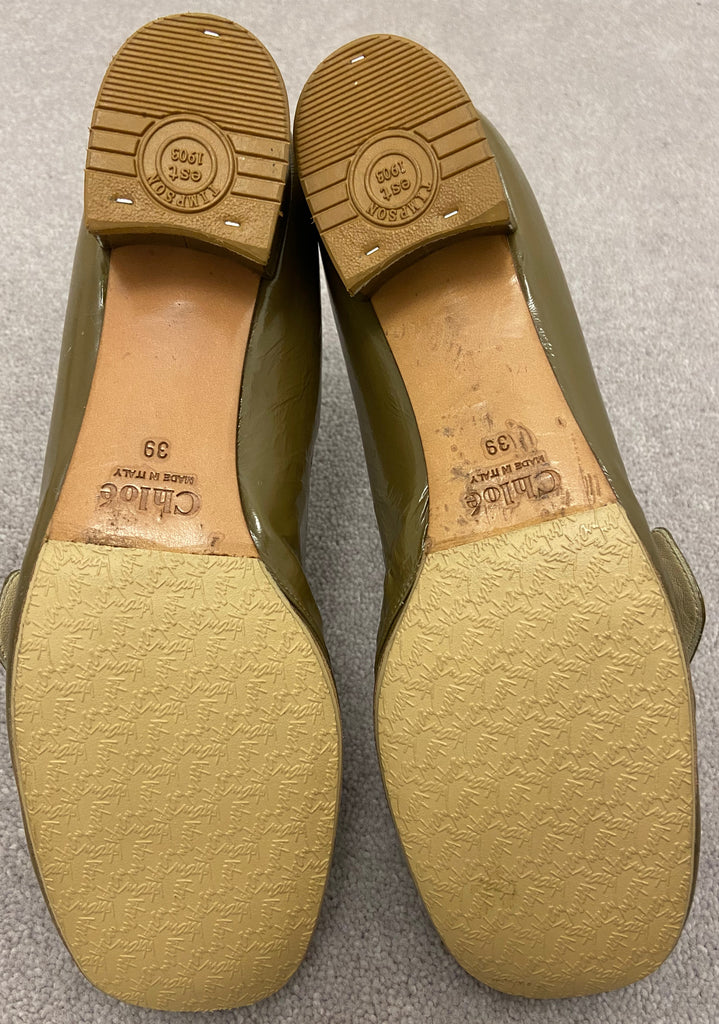 CHLOE Green Shined Leather Square Toe Gold Tone Detail Block Heel Shoes EU39 UK6