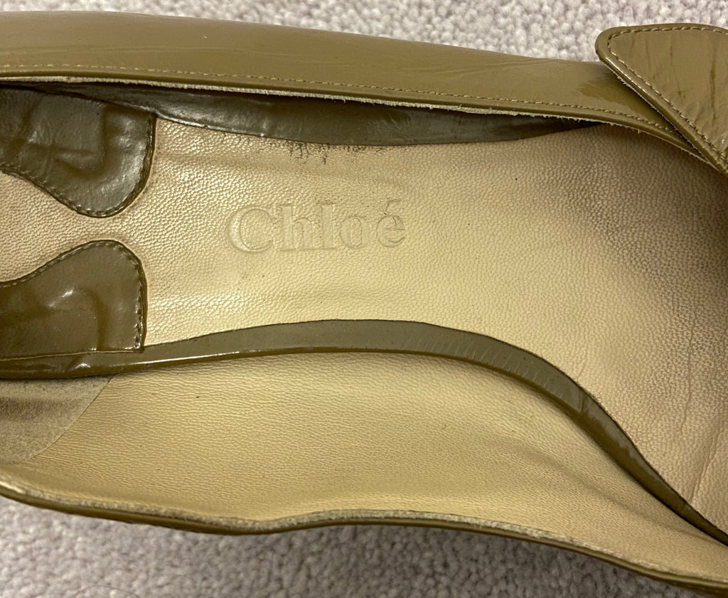 CHLOE Green Shined Leather Square Toe Gold Tone Detail Block Heel Shoes EU39 UK6