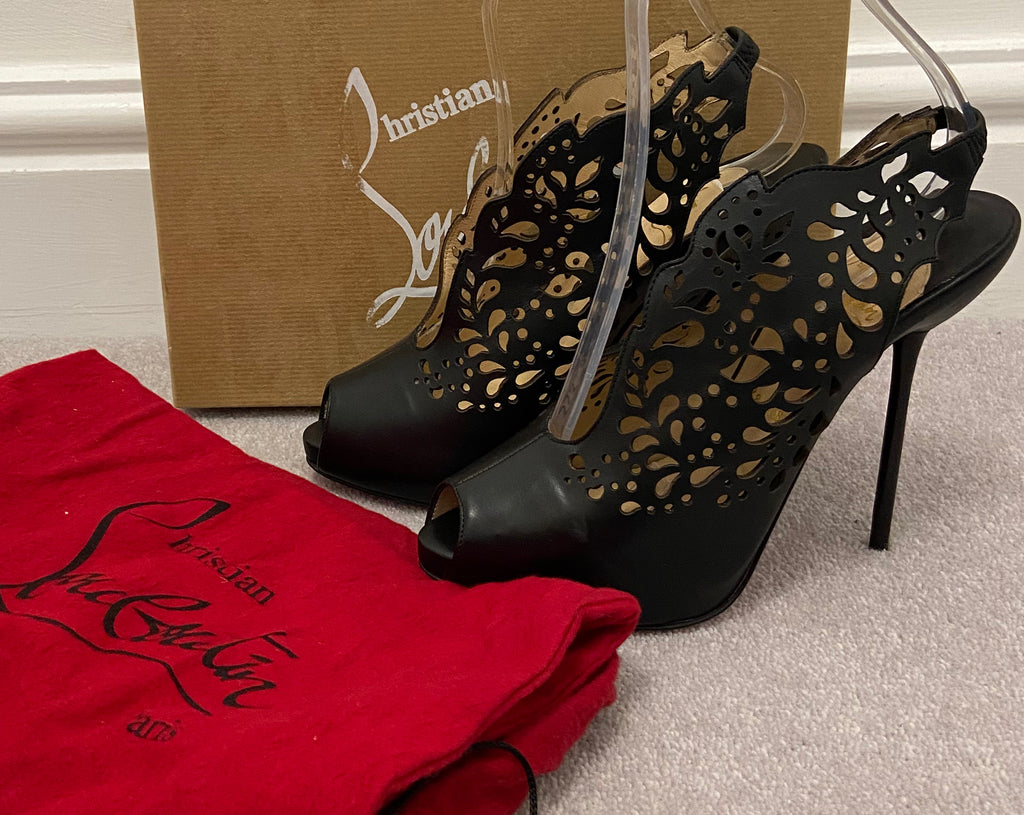 CHRISTIAN LOUBOUTIN Black Leather Cutout Peep Toe Slingback Sandals Shoes UK6 39