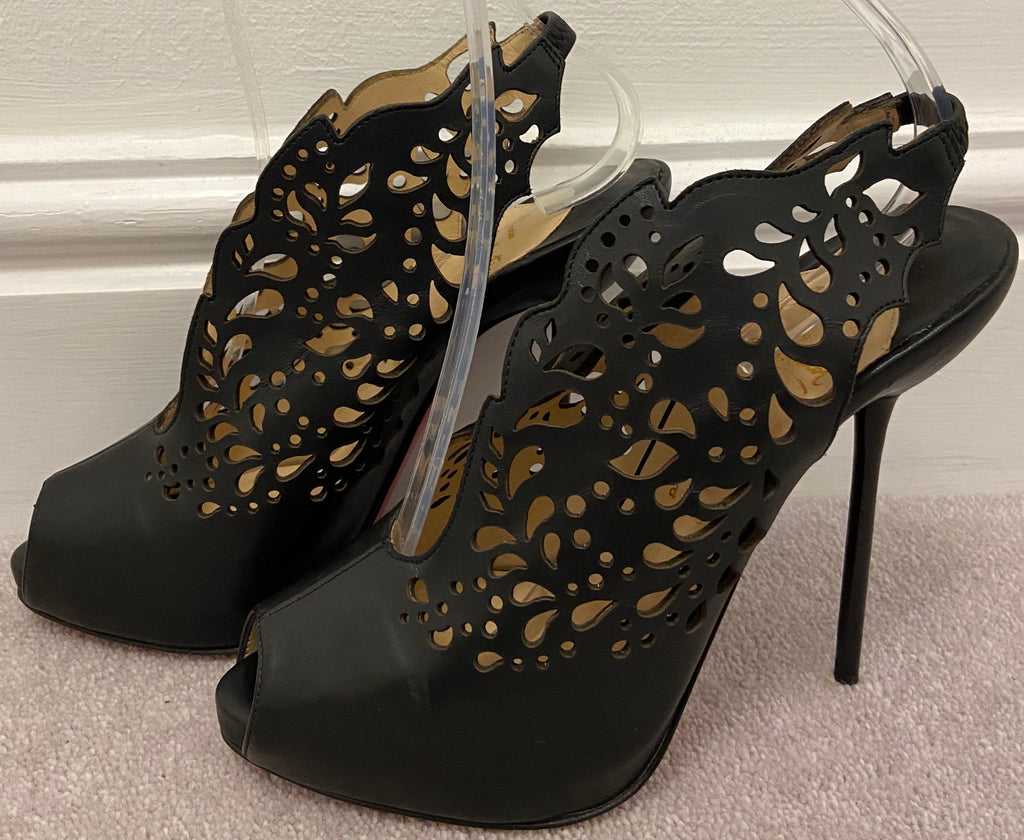 CHRISTIAN LOUBOUTIN Black Leather Cutout Peep Toe Slingback Sandals Shoes UK6 39