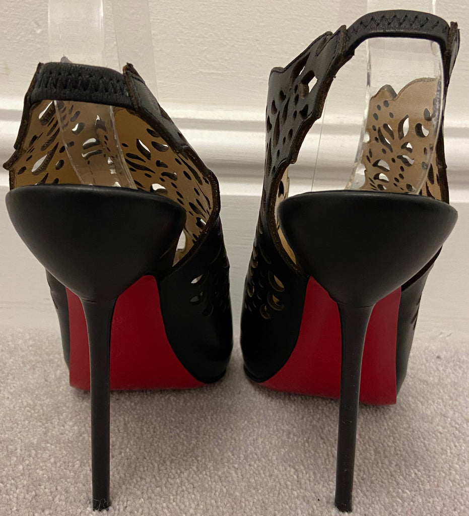 CHRISTIAN LOUBOUTIN Black Leather Cutout Peep Toe Slingback Sandals Shoes UK6 39
