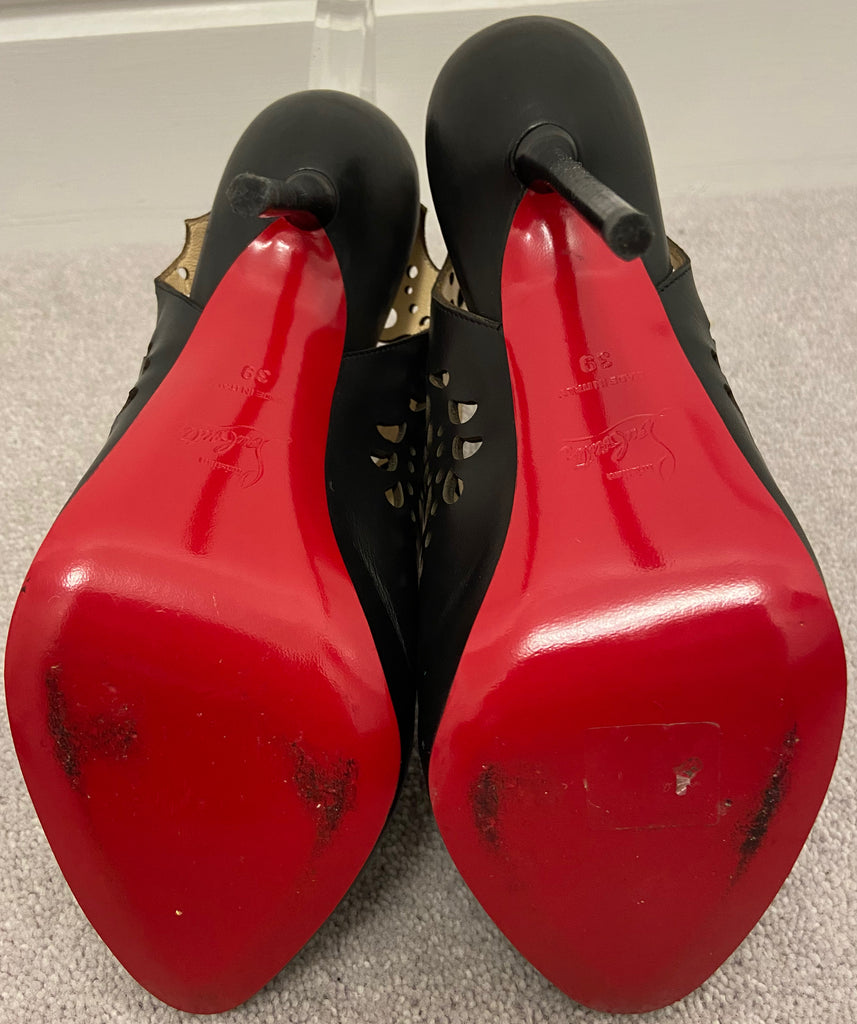 CHRISTIAN LOUBOUTIN Black Leather Cutout Peep Toe Slingback Sandals Shoes UK6 39