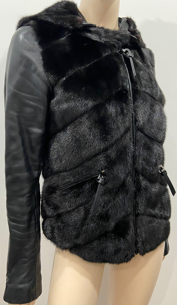 BARBARA BUI FOURRURES Black Mink Fur & Leather Detachable Hood Jacket 42 UK14