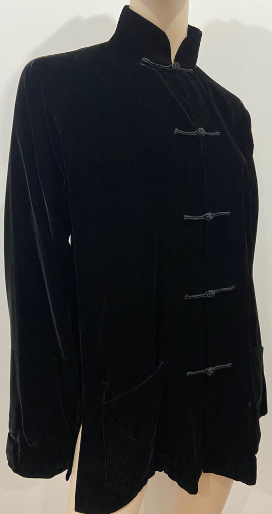 SHANGHAI TANG Black Plush Velvet High Mandarin Collar Silk Lined Jacket UK12