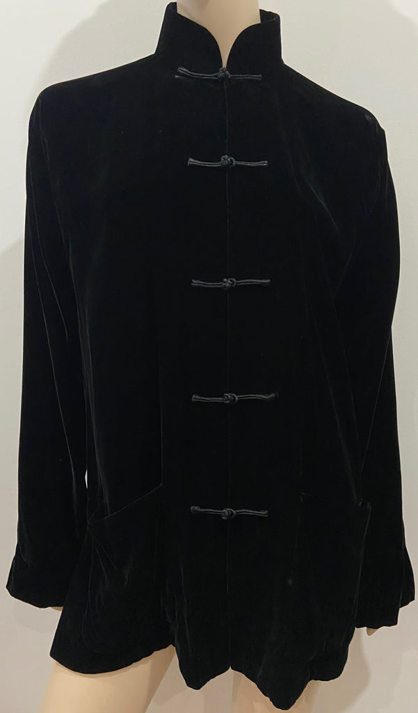 SHANGHAI TANG Black Plush Velvet High Mandarin Collar Silk Lined Jacket UK12