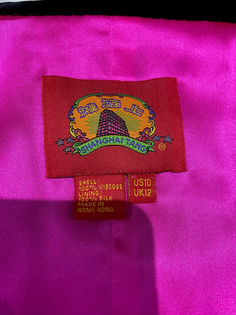 SHANGHAI TANG Black Plush Velvet High Mandarin Collar Silk Lined Jacket UK12